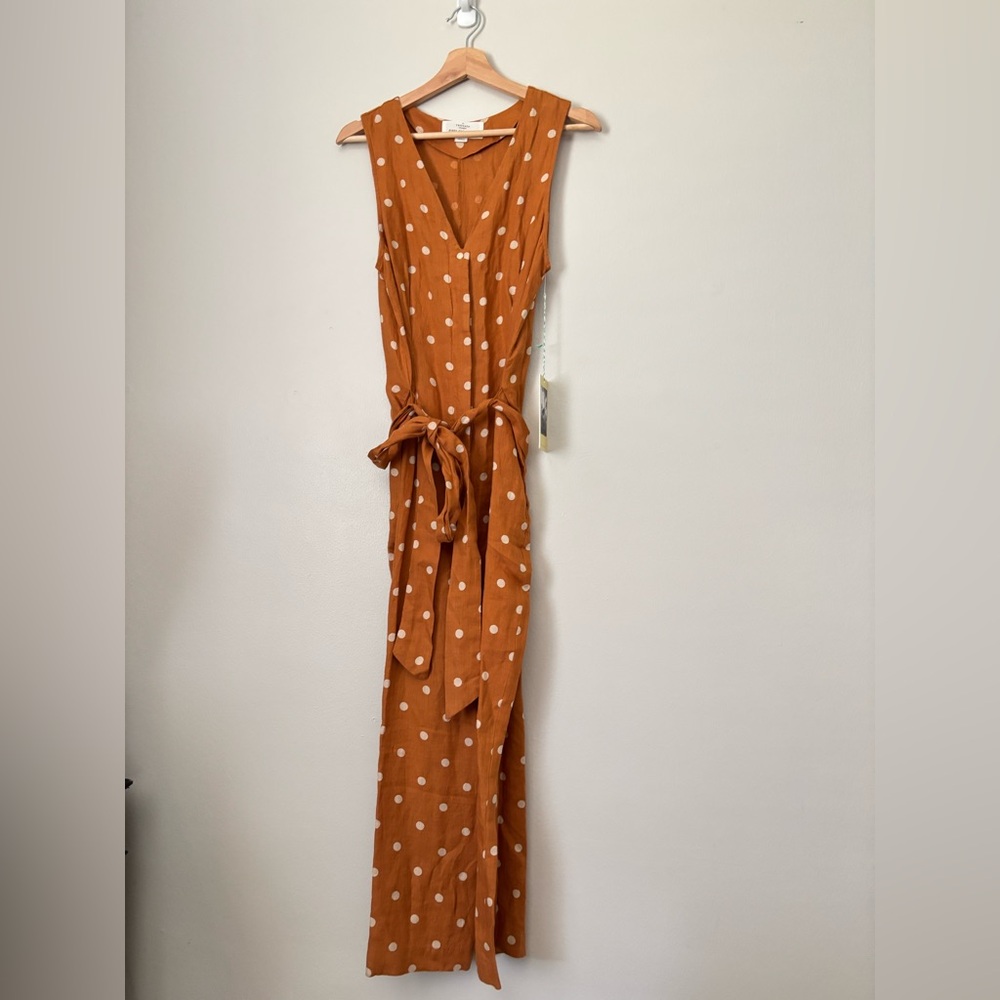 Trovata Cropped Wide Leg Polka Dot Linen Belted Jumpsuit - Picture 7 of 14